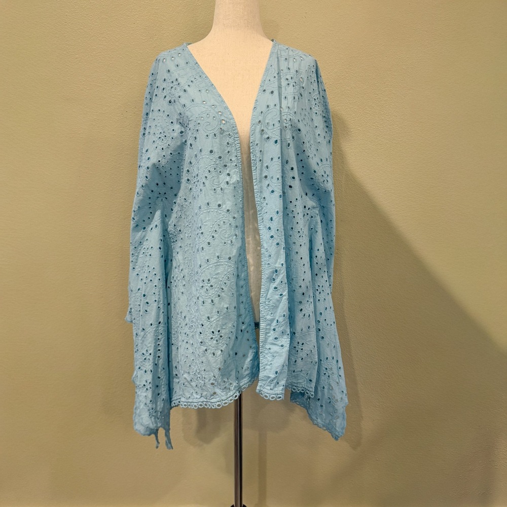 Valentina Naldi Blue Eyelet Lace Kimono Wrap Made in‎ Italy One Boho Swim Cover